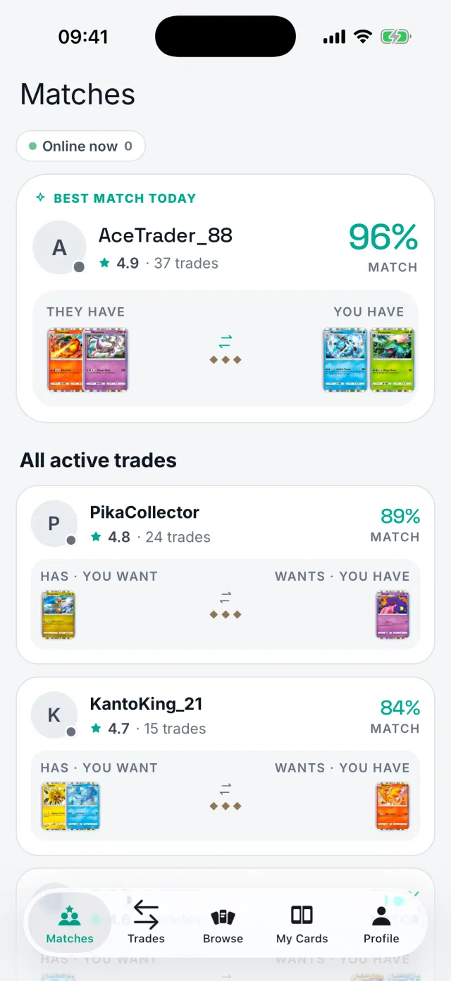 MonHub match feed showing mutual trades ranked by match score